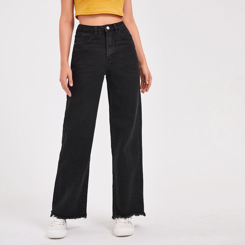 

High Waist Raw Hem Straight Jeans, Black
