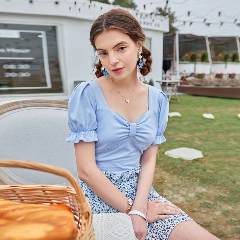 

Puff Sleeve Bow Bust Tee, Blue