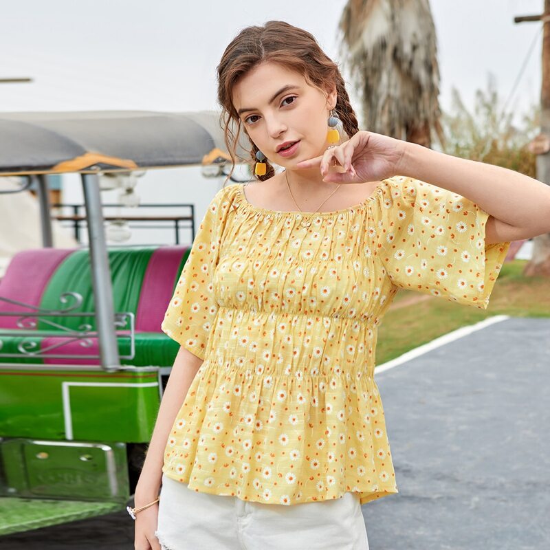 

Daisy Floral Raglan Sleeve Peplum Blouse, Yellow