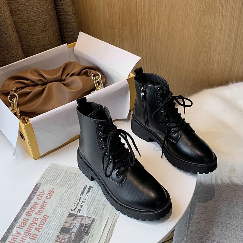 

Side Zip Lace-up Combat Boots, Black