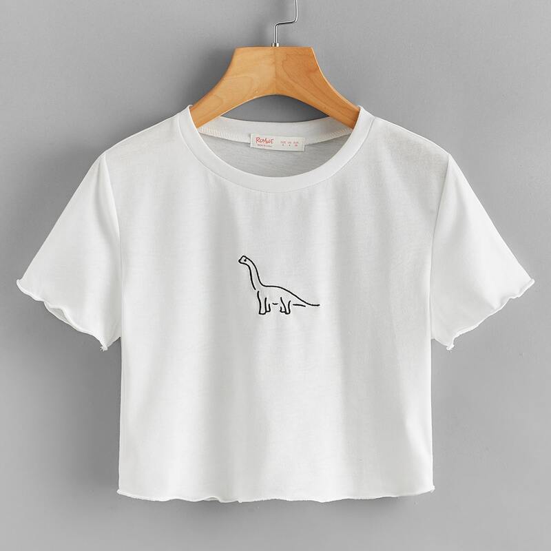 

Dinosaur Embroidery Lettuce Trim Crop Tee, White