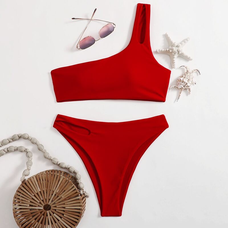 

One Shoulder Cut-out Bikini Swimsuit, Red