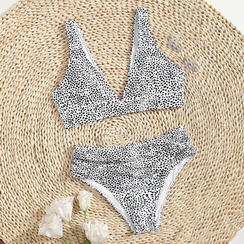 

Allover Print High Waist Bikini Swimsuit, Black and white