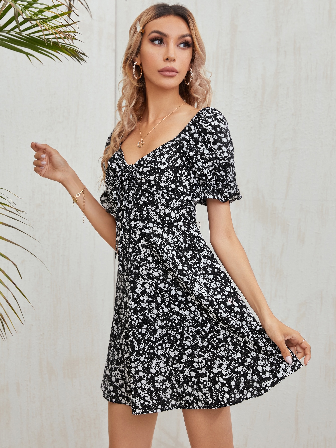 Tie Front Ruffle Cuff Ditsy Floral Dress thumbnail