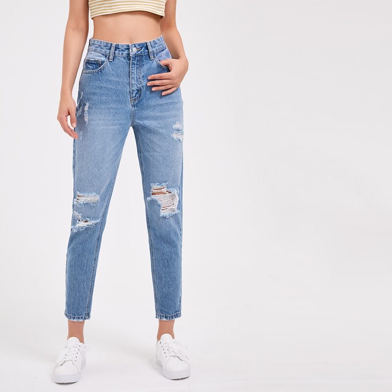 

Mid-Waisted Breaking Denim Mom Jeans, Light wash