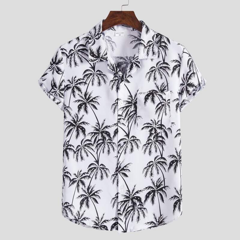

Guys Coconut Tree Print Button Front Pocket Shirt, White
