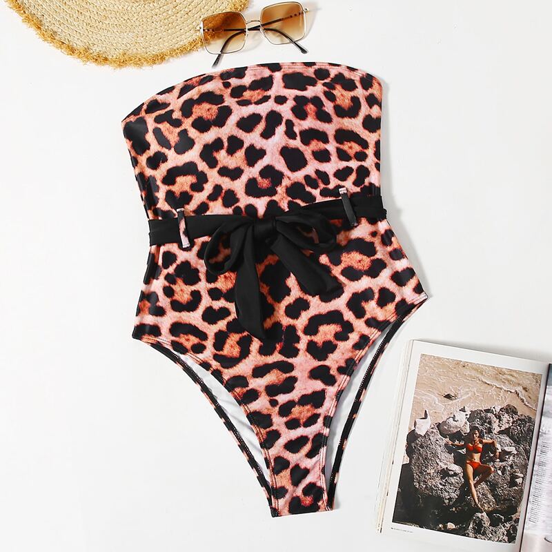 

Leopard Print Belted One Piece Swimsuit, Multicolor