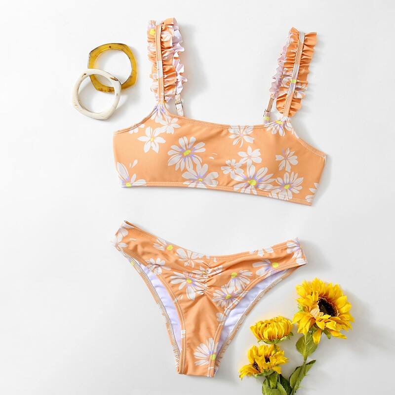 

Floral Ruched Bikini Swimsuit, Orange