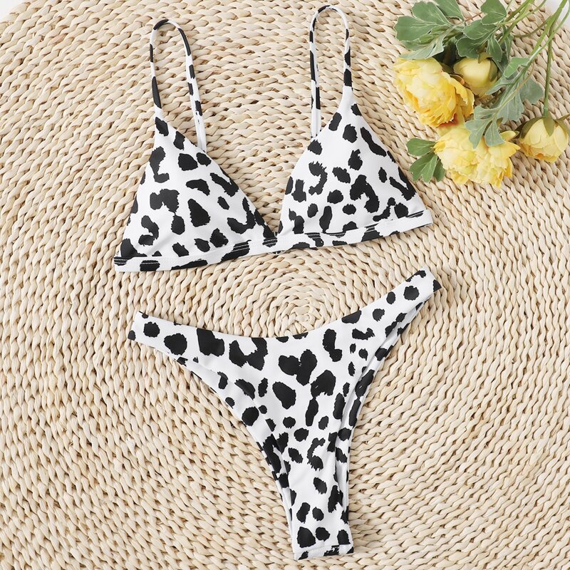 

Allover Print High Cut Bikini Swimsuit, Black and white