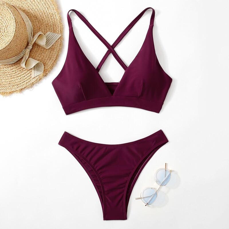 

Solid High Cut Bikini Swimsuit, Maroon