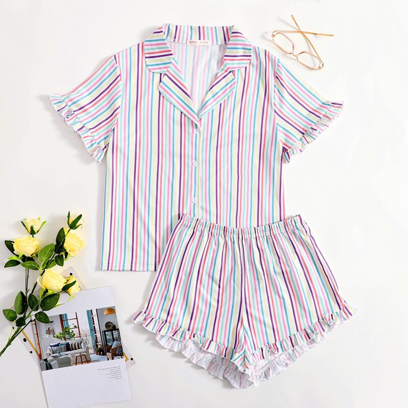 

Stripe Frill Button Up PJ Set, Multicolor