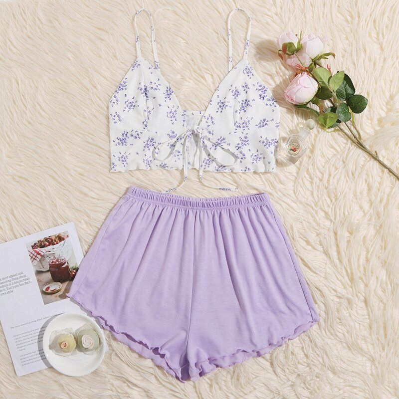 Ditsy Floral Tie Front PJ Set, Purple