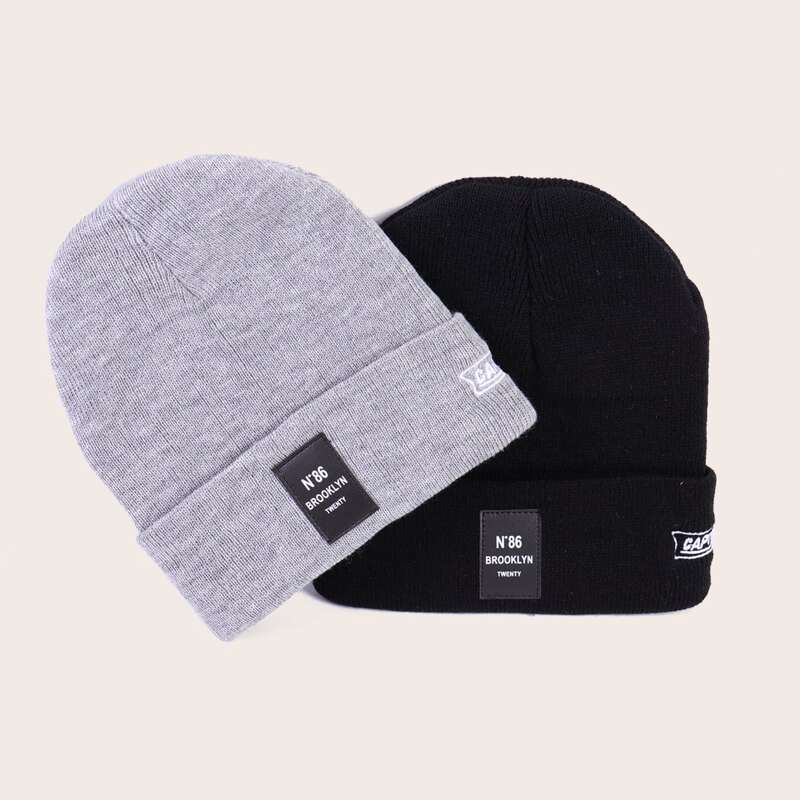 

2pcs Guys Label Beanie, Multicolor