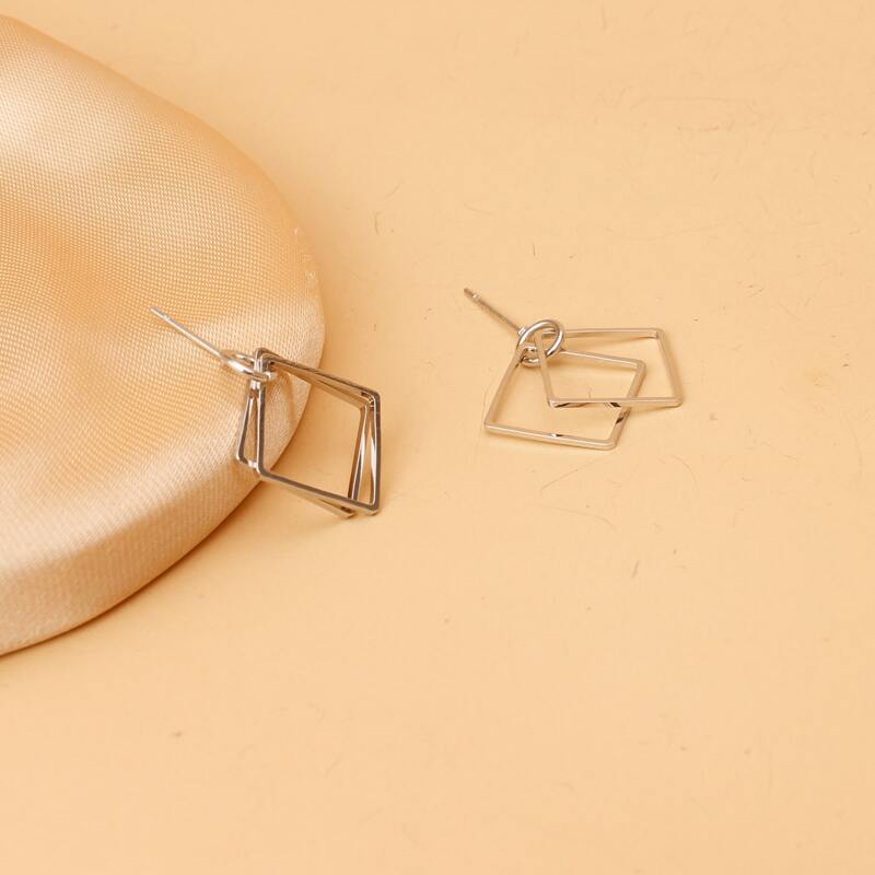 

Double Layer Square Drop Earrings, Silver