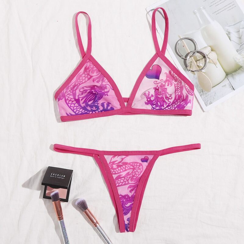 

Dragon Print Contrast Binding Lingerie Set, Hot pink
