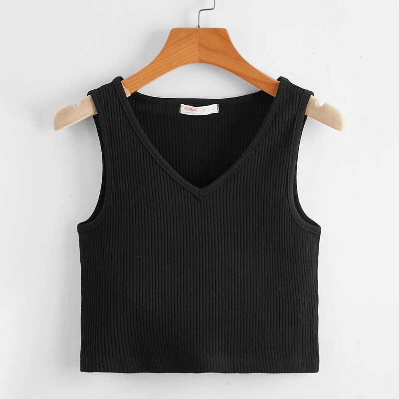 

Solid Ribbed Tank Top, Black