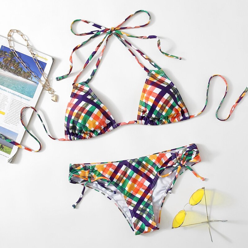 

Colorful Plaid Triangle Bikini Swimsuit, Multicolor