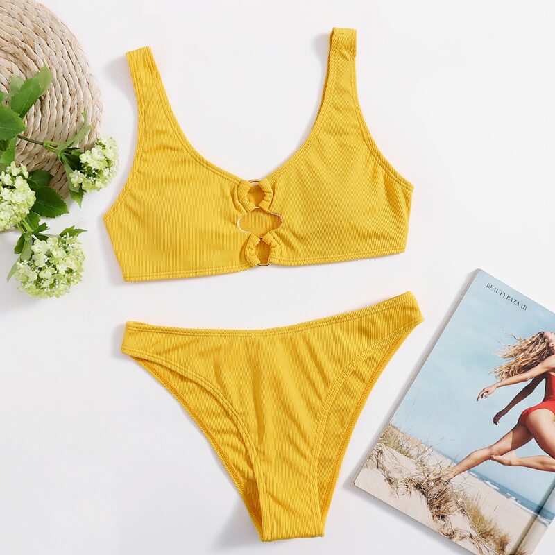 

Solid O-ring Linked Bikini Swimsuit, Yellow