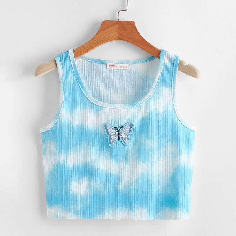 

Butterfly Embroidery Tie Dye Ribbed Tank Top, Multicolor