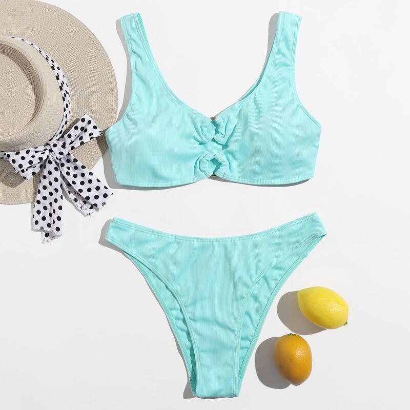 

O-ring Linked High Cut Bikini Swimsuit, Mint blue