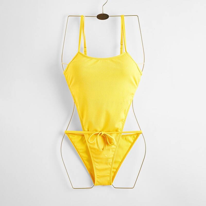 

Solid Backless One Piece Swimsuit, Yellow