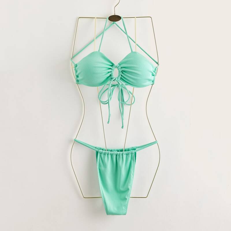 

Solid Thong Bikini Swimsuit, Mint green