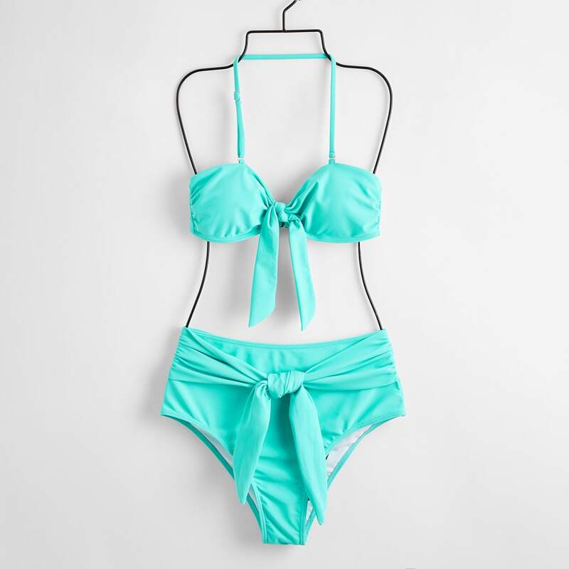 

Tie Front High Waist Bikini Swimsuit, Mint blue
