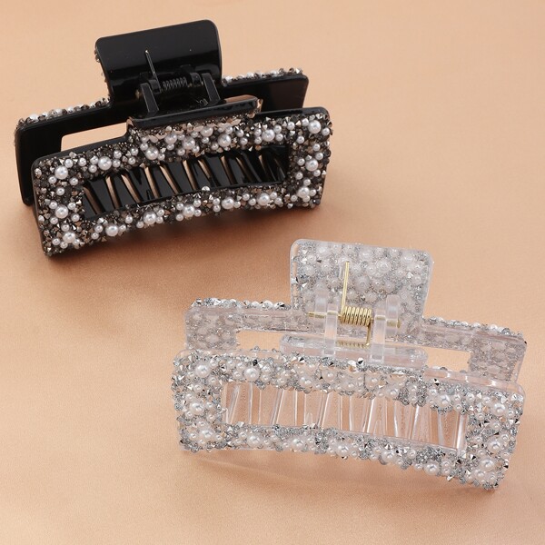 

2pcs Faux Pearl Decor Hair Claw, Multicolor