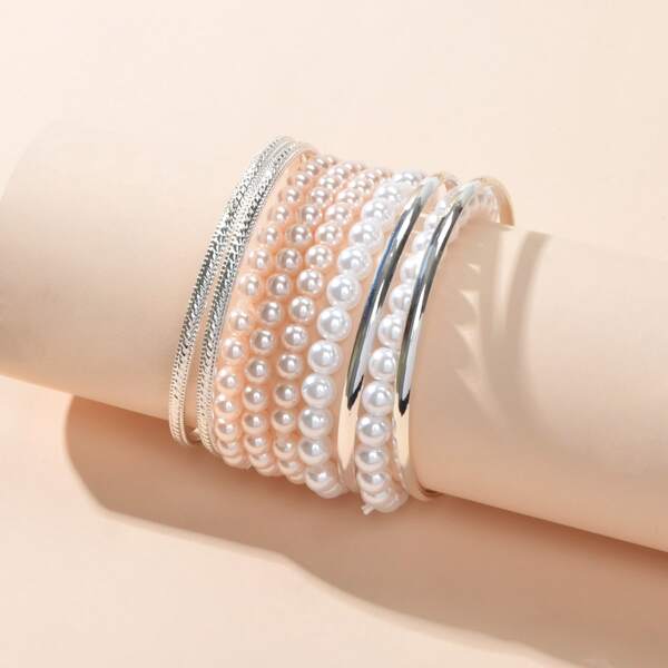 

9pcs Girls Faux Pearl Beaded Bracelet, Multicolor