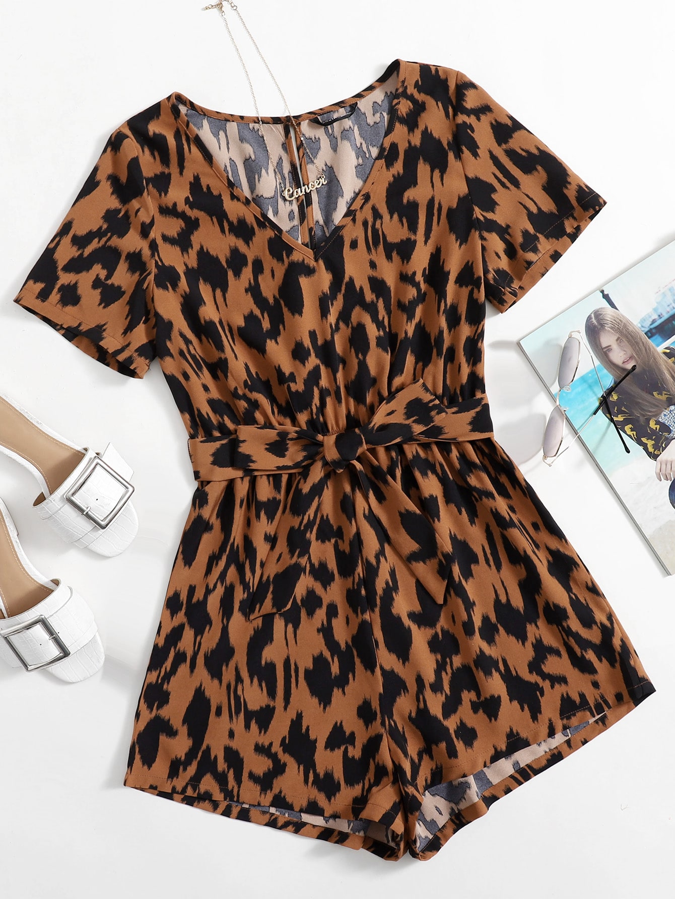 Allover Print Self Belted Romper thumbnail