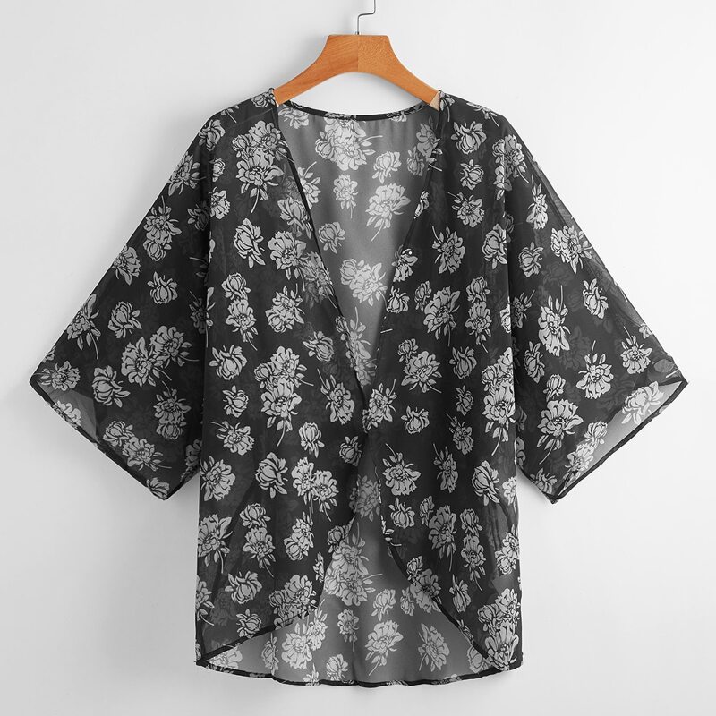 

Chiffon Floral Kimono, Black