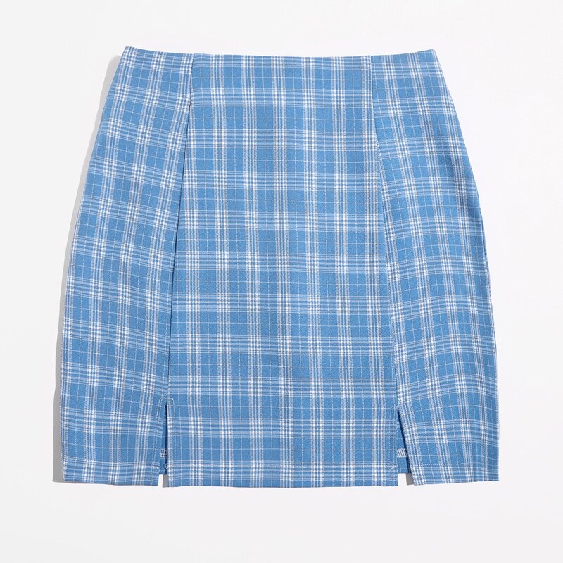 

Plaid Split Skirt, Blue