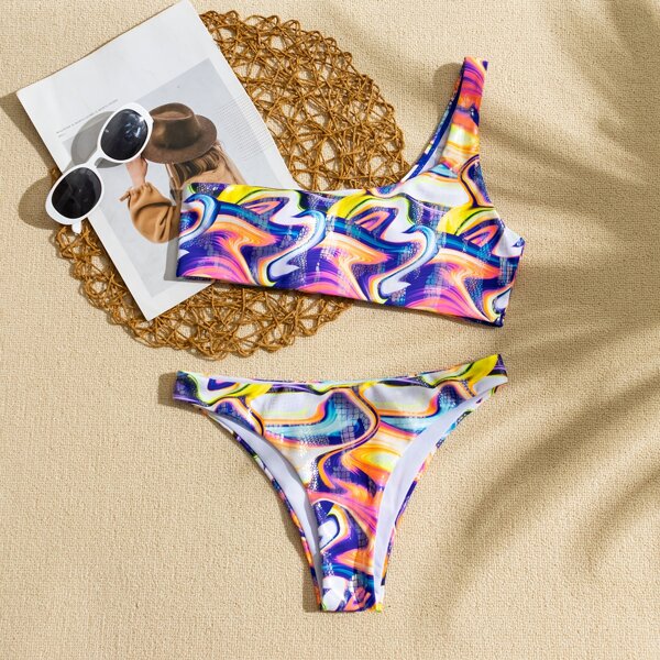 

Abstract Fluid Pattern One Shoulder Bikini Swimsuit, Multicolor