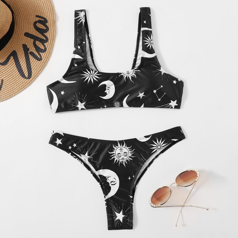 

Sun & Moon Print Bikini Swimsuit, Black