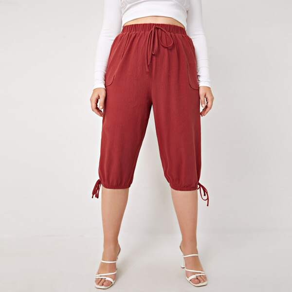 

Plus Slant Pocket Knotted Hem Capri Pants, Red