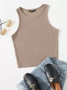 Muchica Solid Rib-knit Tank Top - Khaki - View 1