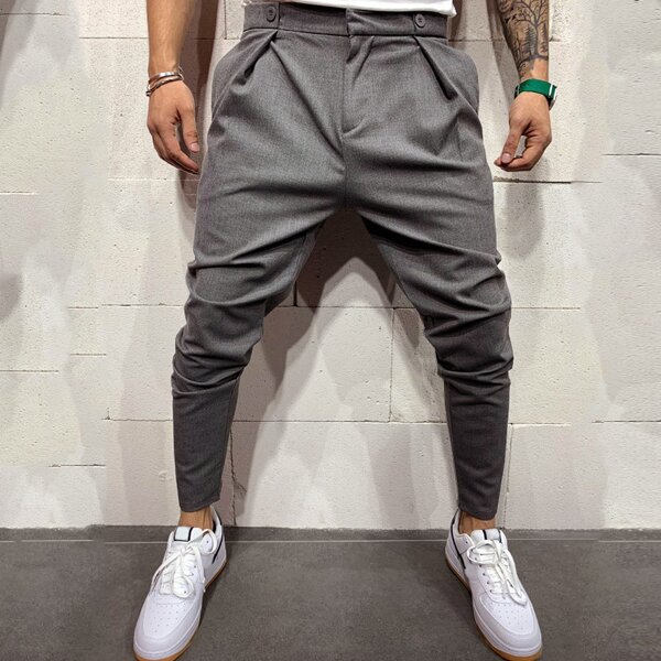 

Men Double Button Solid Tapered Pants, Grey