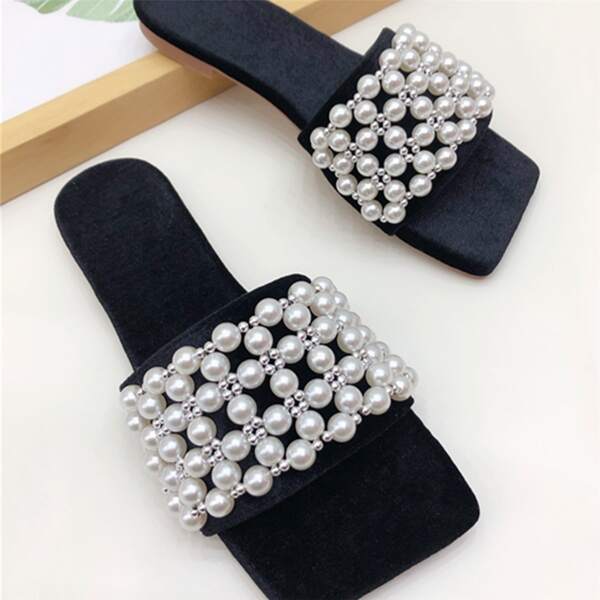 

Faux Pearl Decor Slide Sandals, Black