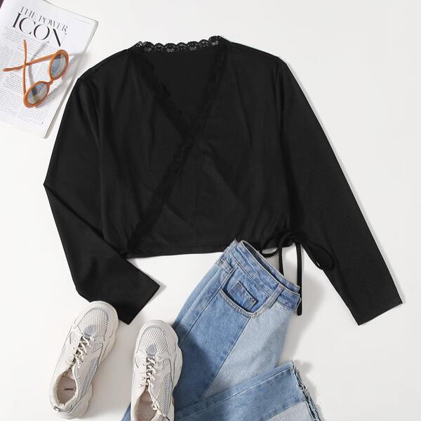 

Plus Contrast Lace Knot Wrap Top, Black
