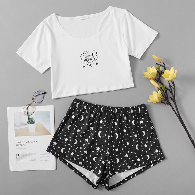 

Star & Moon Print Shorts PJ Set, Black and white