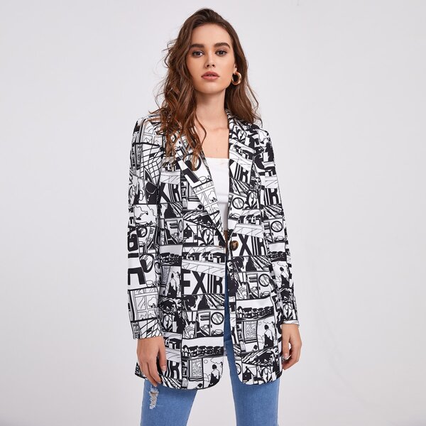

Letter and Figure Graphic Blazer, Black and white