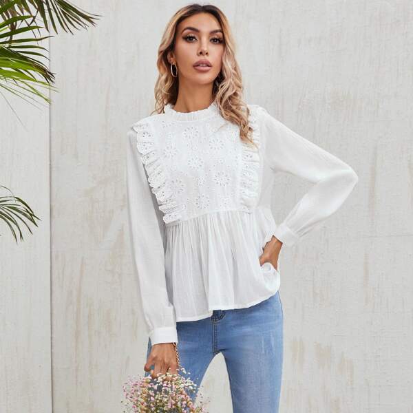

Eyelet Embroidery Ruffle Hem Blouse, White