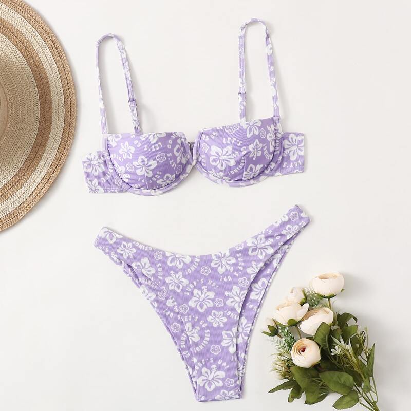

Floral Push Up Bikini Swimsuit, Lilac purple