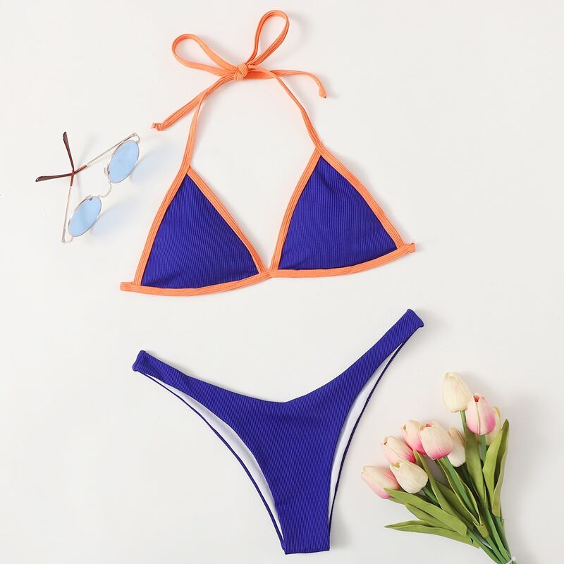 

Contrast Binding Triangle Bikini Swimsuit, Blue