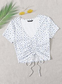 Soleia Cottagecore Drawstring Front Ditsy Floral Top - Blue and White - View 1