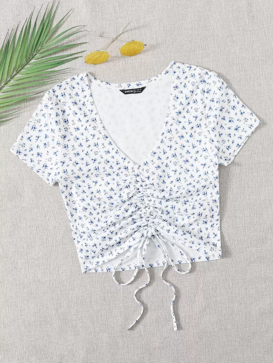 Soleia Cottagecore Drawstring Front Ditsy Floral Top - Blue and White - View 1