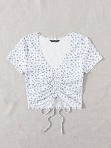 Soleia Cottagecore Drawstring Front Ditsy Floral Top - Blue and White - View 4