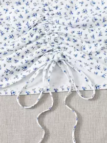 Soleia Cottagecore Drawstring Front Ditsy Floral Top - Blue and White - View 5