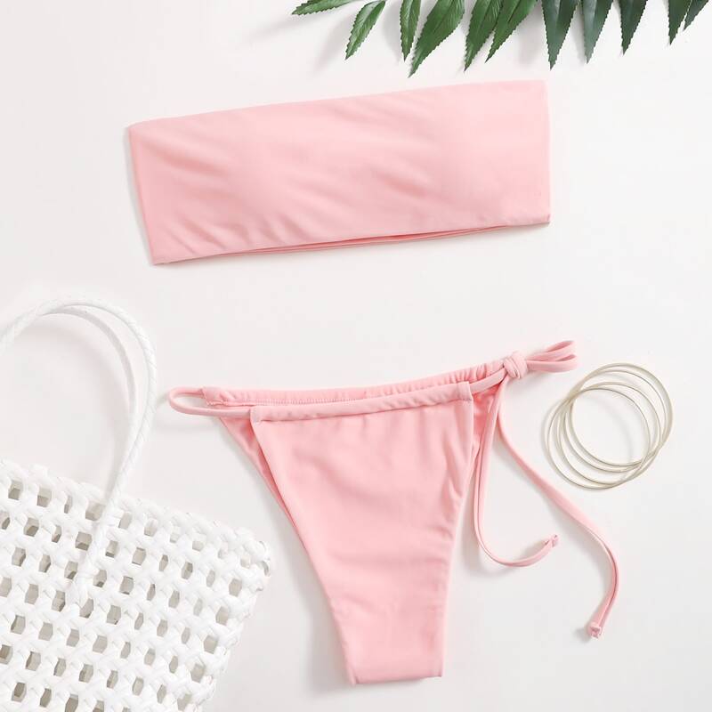 

Solid Tie Side Bikini Swimsuit, Baby pink