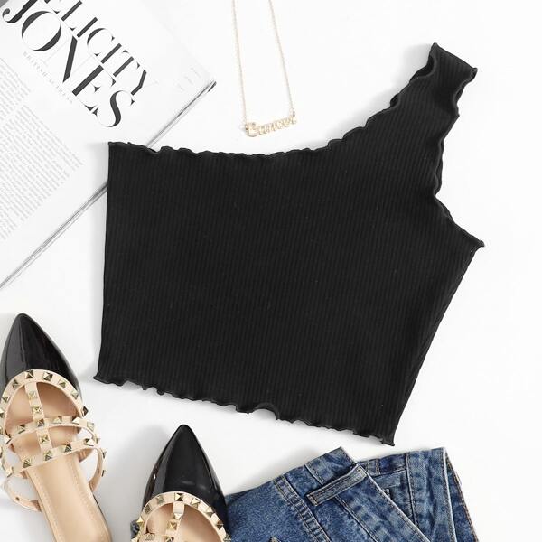 

One Shoulder Lettuce Edge Top, Black